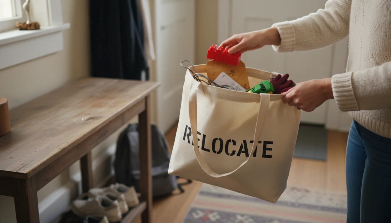 Person's hands quickly clearing a cluttered entryway, sweeping miscellaneous items into a large canvas bin. A trash bag is on the floor.