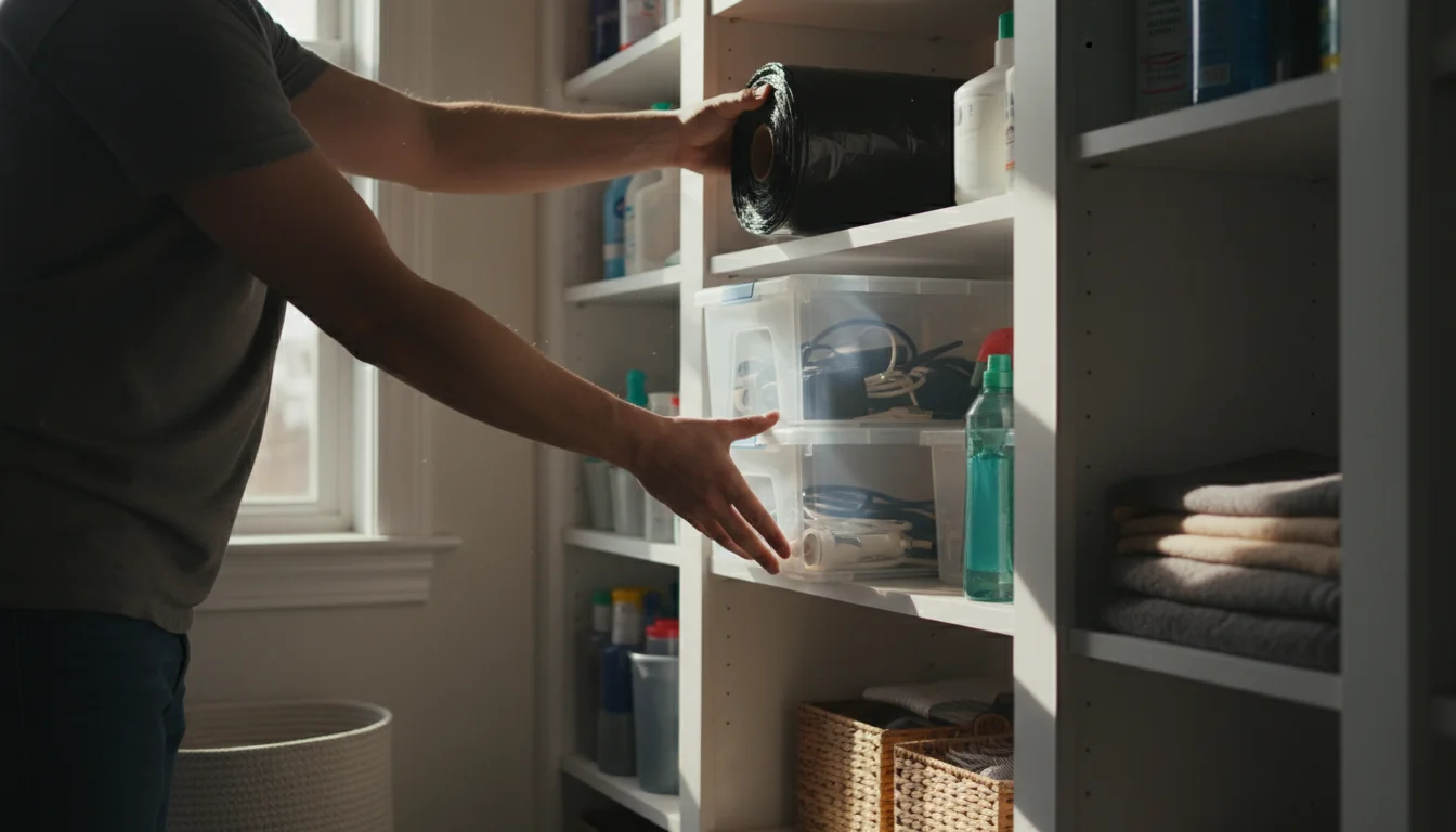 A person's hands reach into an organized utility closet, pulling out a roll of trash bags and a stack of clear plastic storage bins, preparing for dec