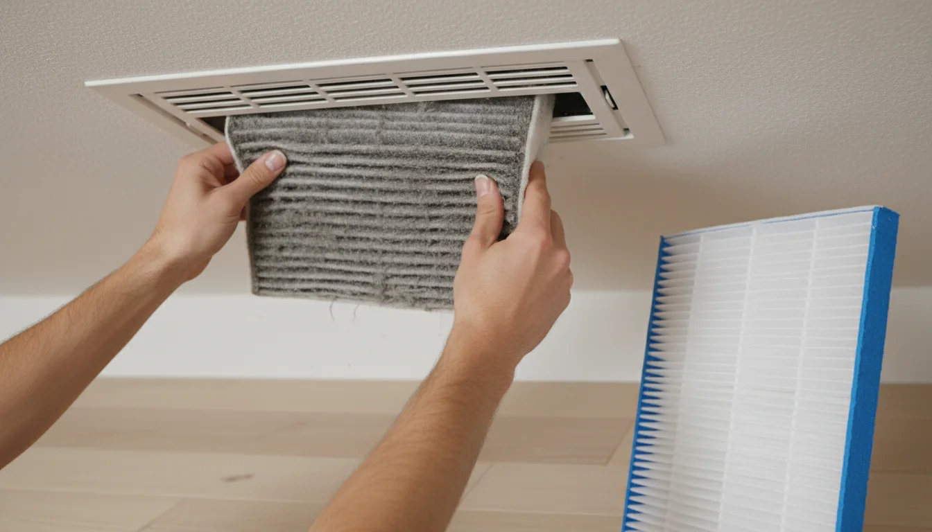 A person's hands removing a dusty air filter from an indoor AC vent, with a clean new filter ready for replacement nearby.