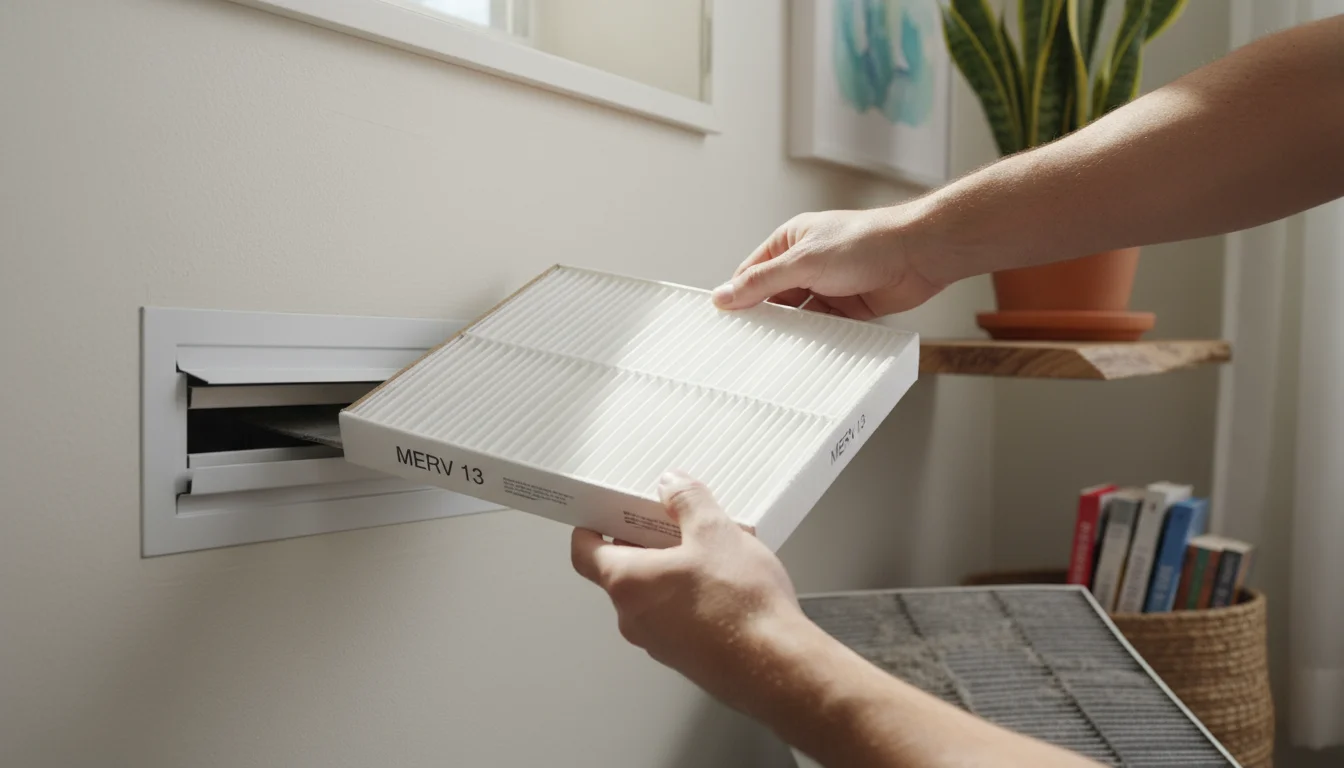 Person's hands replacing a visibly dirty air filter with a clean, pleated high-efficiency HVAC filter. A green snake plant is in the soft background.