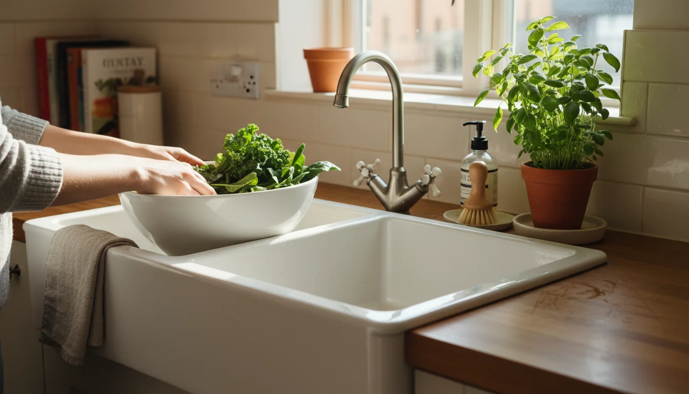 A person's hands gently rinse green vegetables in a ceramic bowl filled with water in a clean, sunlit kitchen sink.