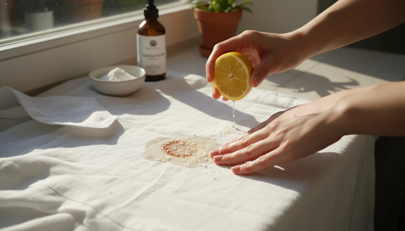 Person's hands gently rub a lemon-salt mixture onto a white linen shirt stain on a bright, sunny windowsill, with natural cleaning products nearby.