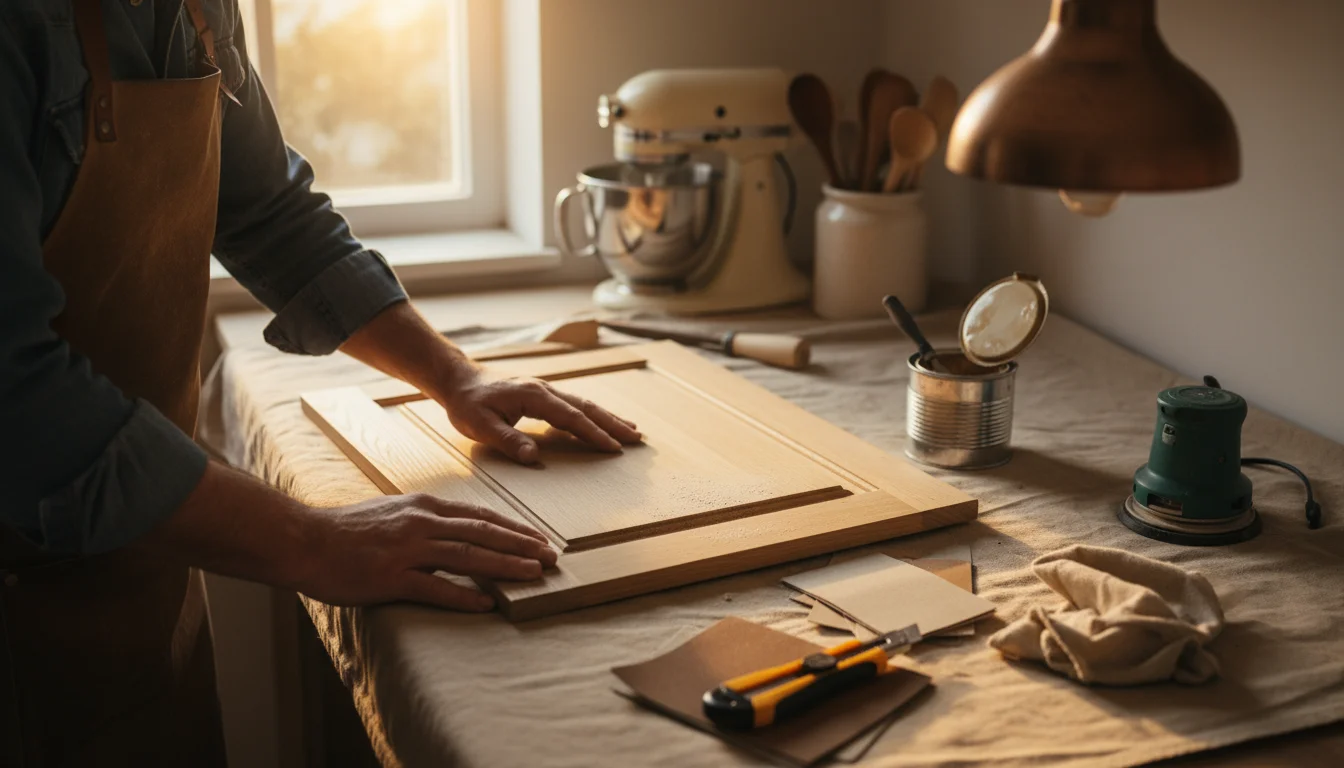 A person's hands carefully sand a removed kitchen cabinet door on a counter with basic tools and supplies like sandpaper and a utility knife nearby.