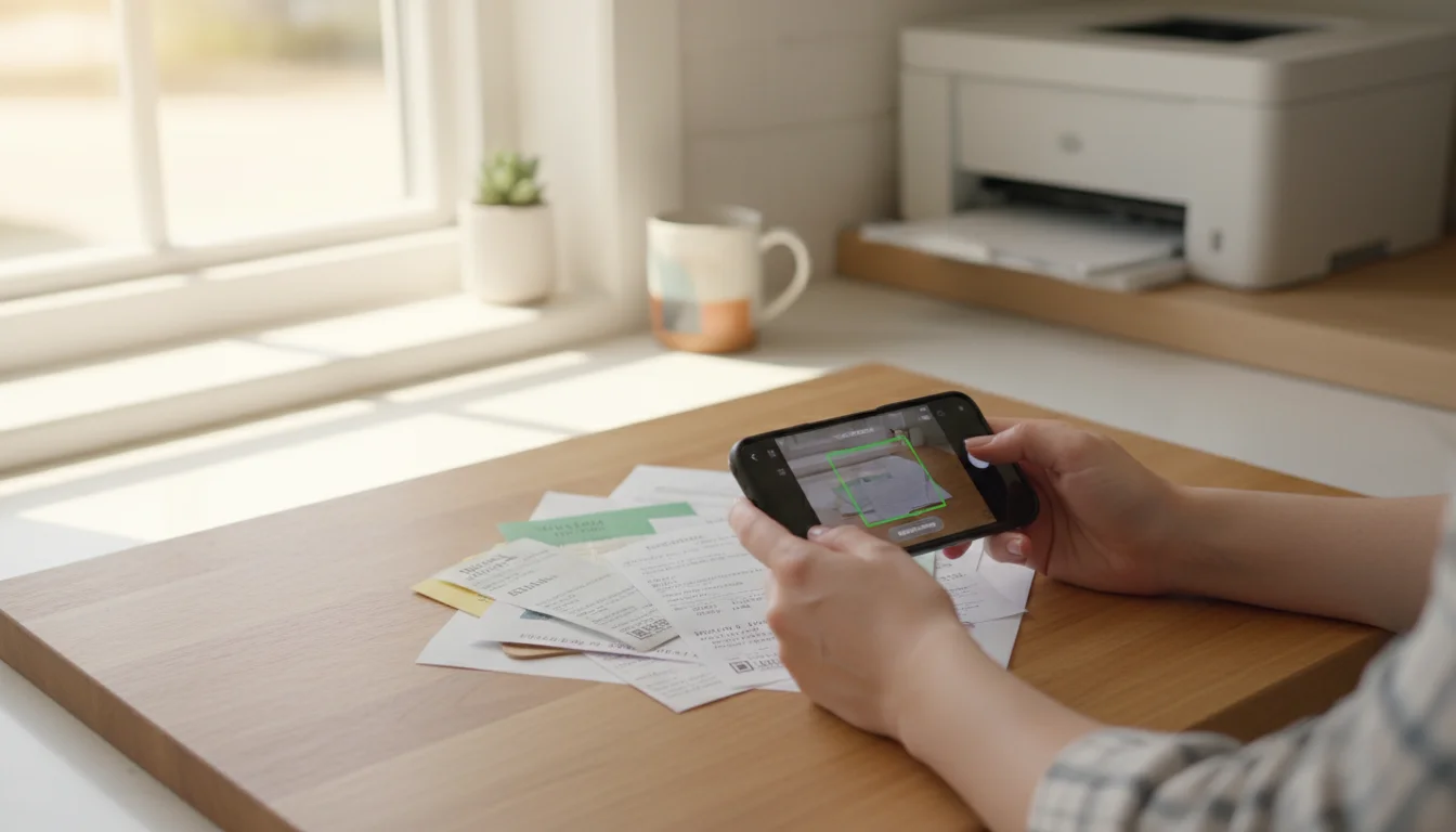 Person's hands scanning a paper document with a smartphone app on a bright counter, with a printer in the background.