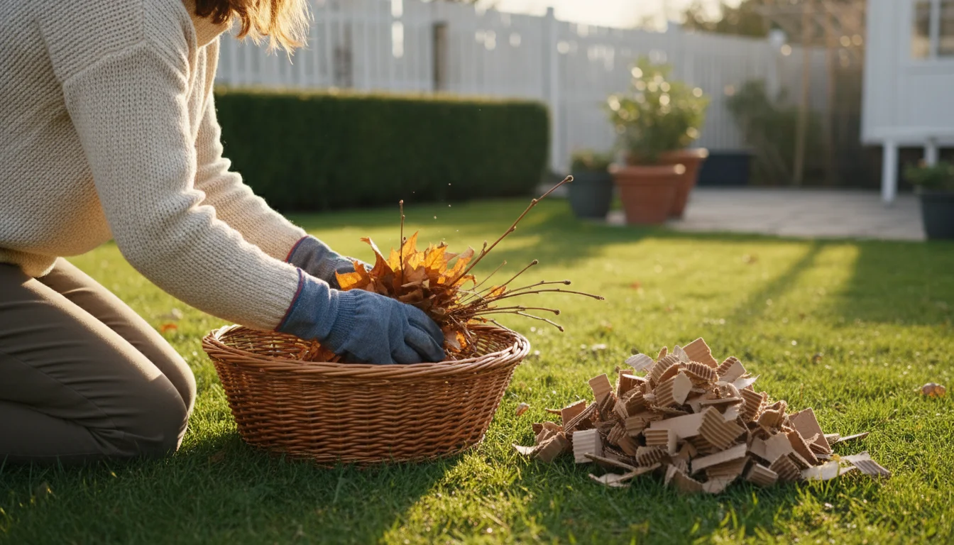 A person's hands gently scoop dried leaves and small twigs into a woven basket next to shredded cardboard on sun-dappled grass.