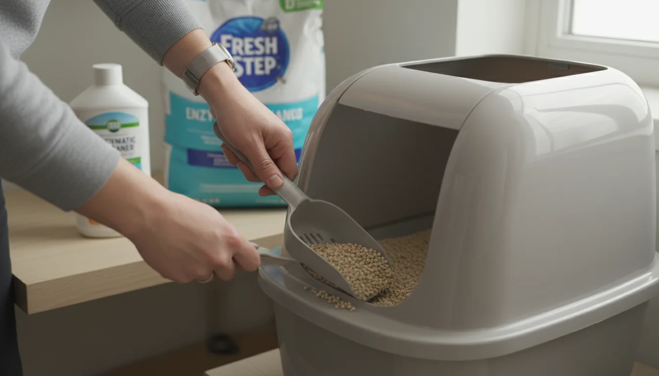 Person's hands scooping an enclosed cat litter box. Clean litter and a scoop are visible, with pet odor cleaner and new litter nearby.