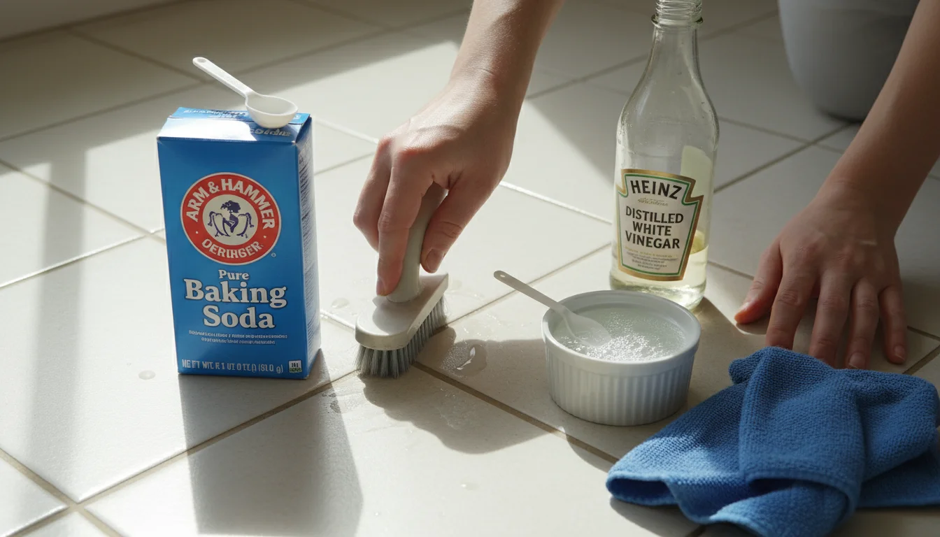 A person's hands scrub kitchen floor grout with a brush, surrounded by baking soda, vinegar, hydrogen peroxide, and a cloth.