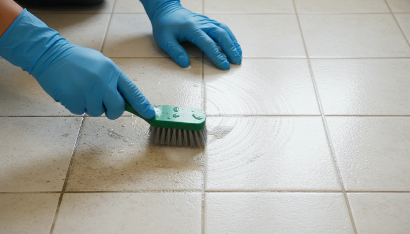 A person's hands scrubbing discolored grout on light bathroom tiles, revealing bright white grout lines next to uncleaned, dingy sections.