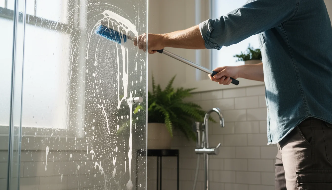 Person's hands scrubbing a glass shower door with a long-handled brush, showing water droplets and cleaning foam in a sunlit bathroom.