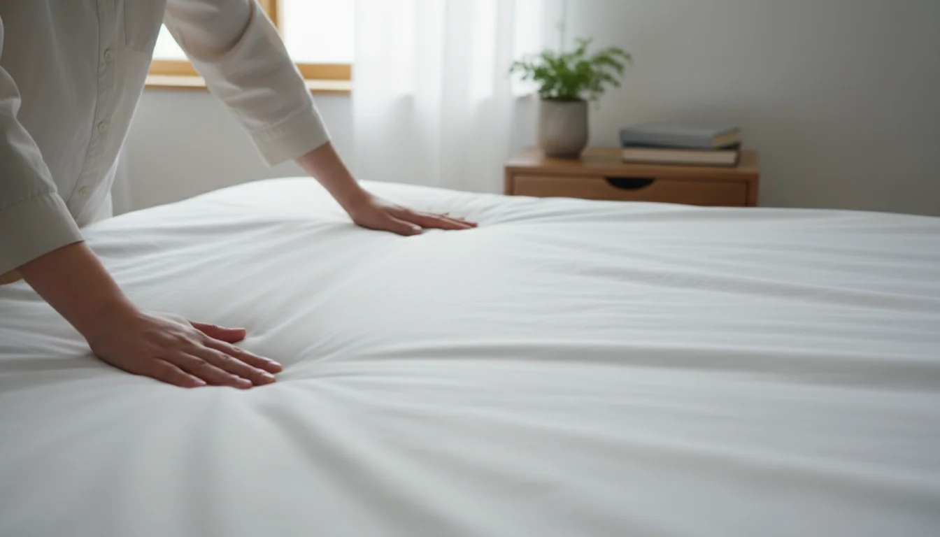 Person's hands smoothing a fresh white duvet cover on a neatly made bed in a brightly lit bedroom.