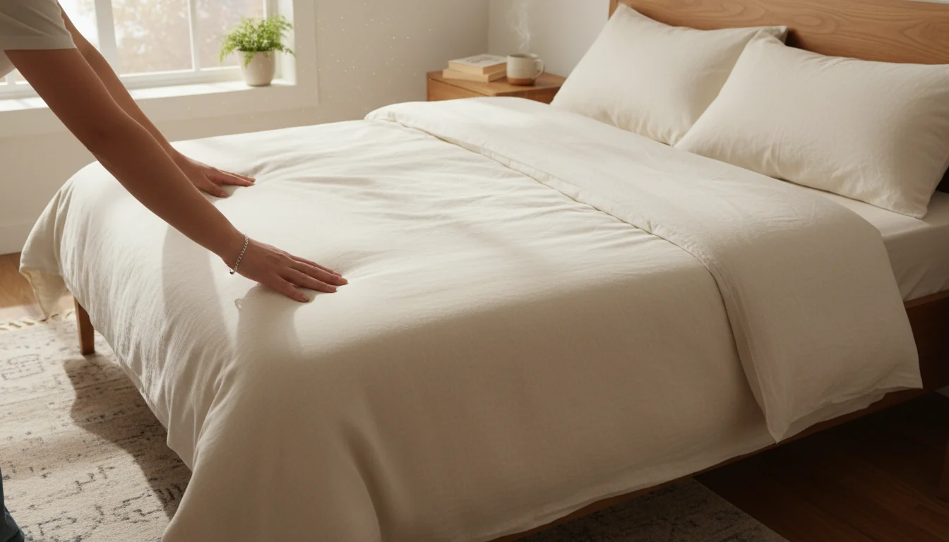 Person's hands smoothing a light duvet on a neatly made bed in a cozy, sunlit bedroom, with a book on a nightstand.