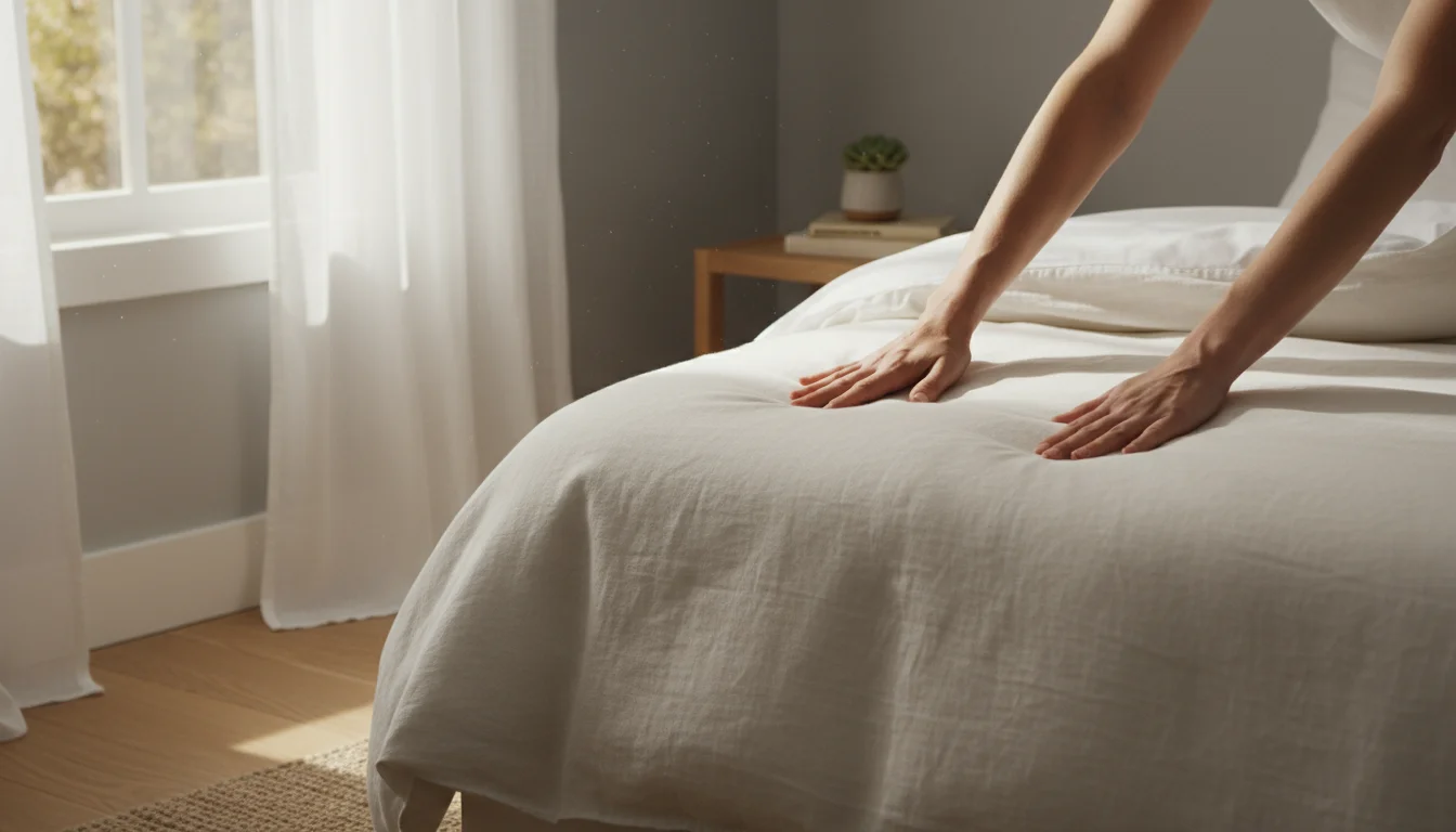 Close-up of a person's hands smoothing a neatly pulled-up duvet on a freshly made bed in a naturally lit bedroom.