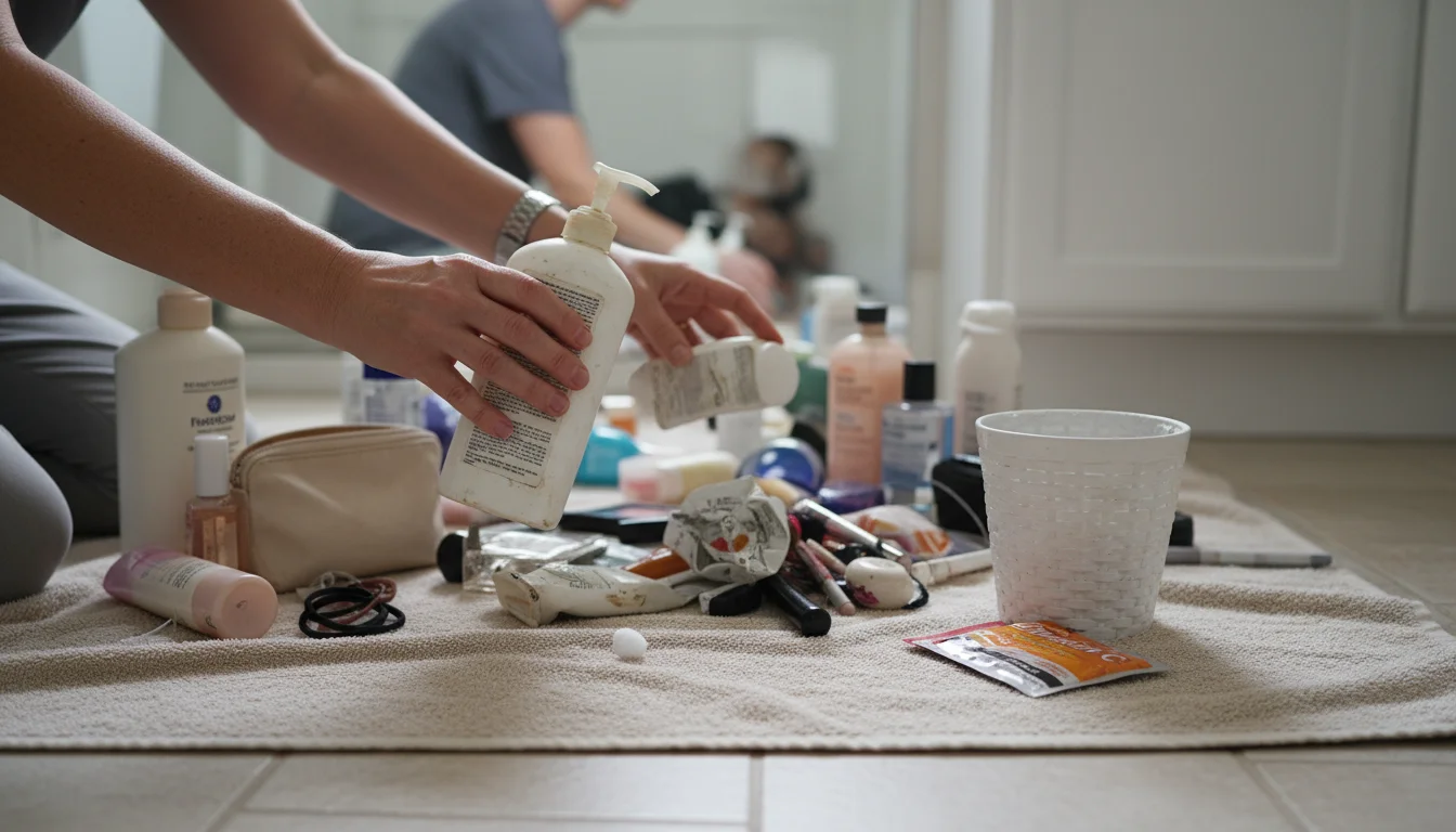 A person's hands sort old toiletries from piles on a towel on a bathroom floor, with a waste basket nearby.