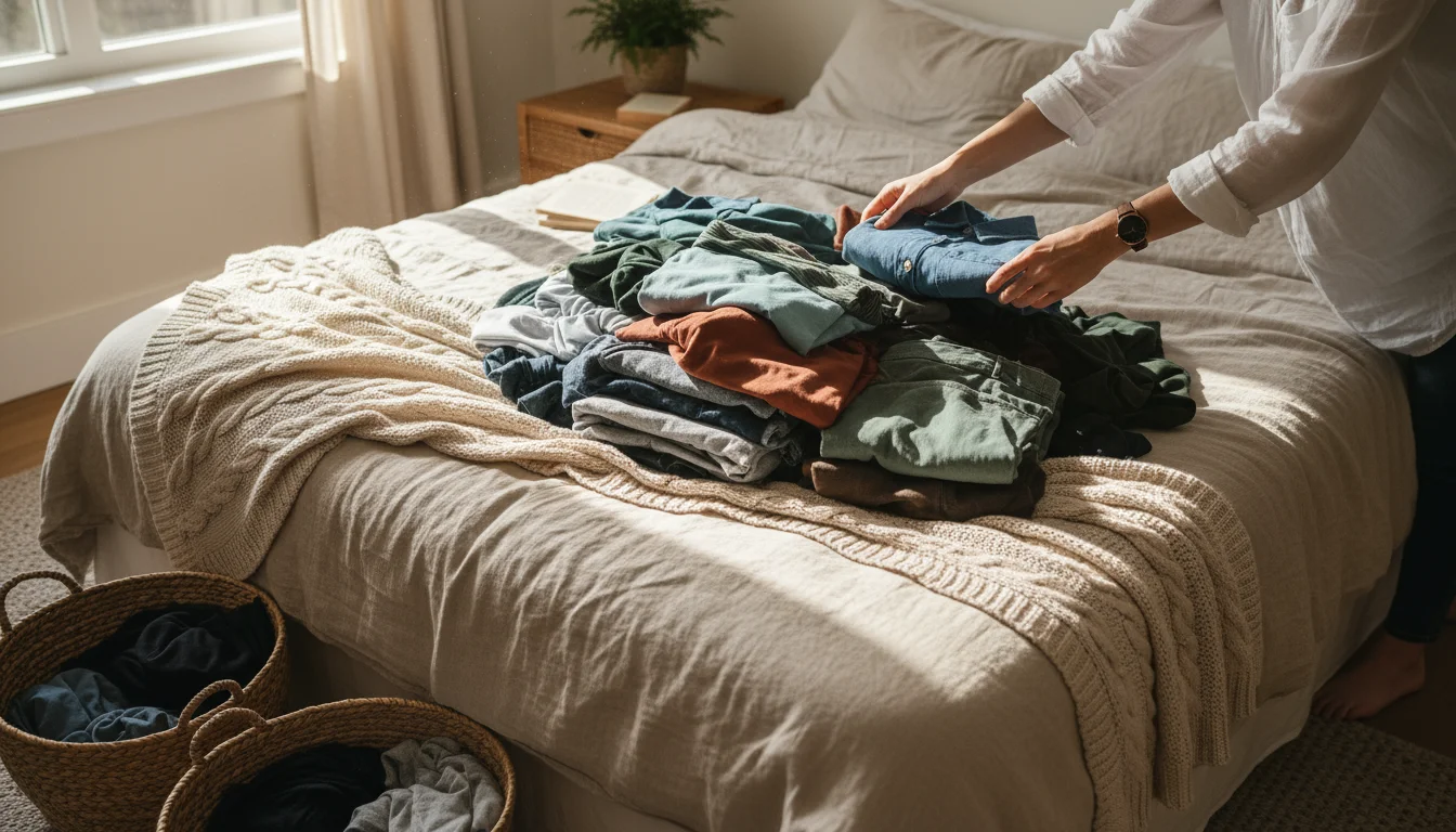 A person's hands sort a pile of clothes on a bed next to empty fabric bins in a sunlit bedroom.