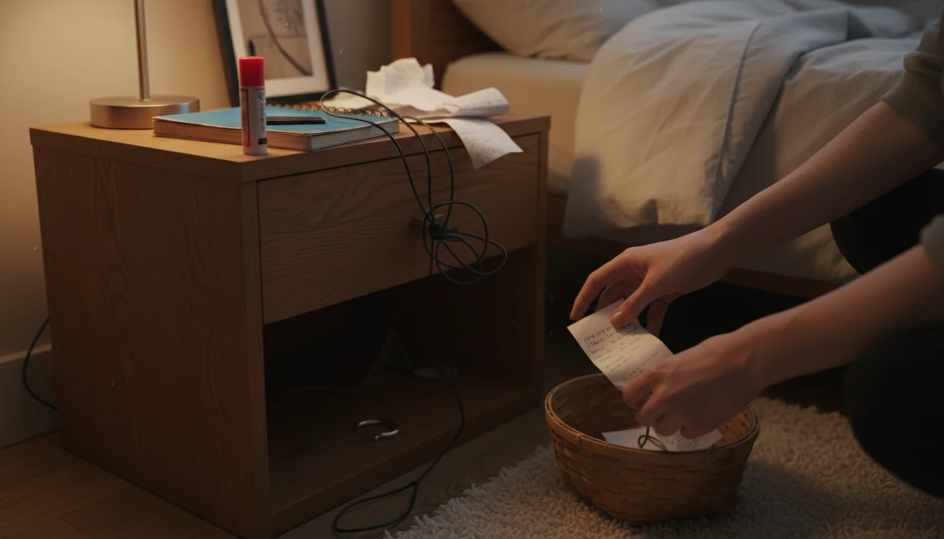 A person's hands sort through scattered everyday items on a wooden nightstand in a cozy, softly lit bedroom, mid-decluttering.
