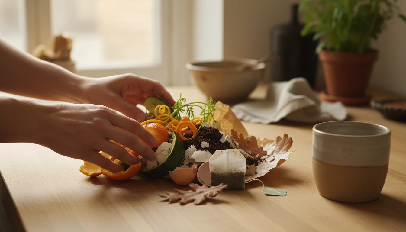 A person's hands sorting a pile of kitchen scraps like fruit peels, coffee grounds, and crumpled paper on a wooden counter, next to a ceramic compost 