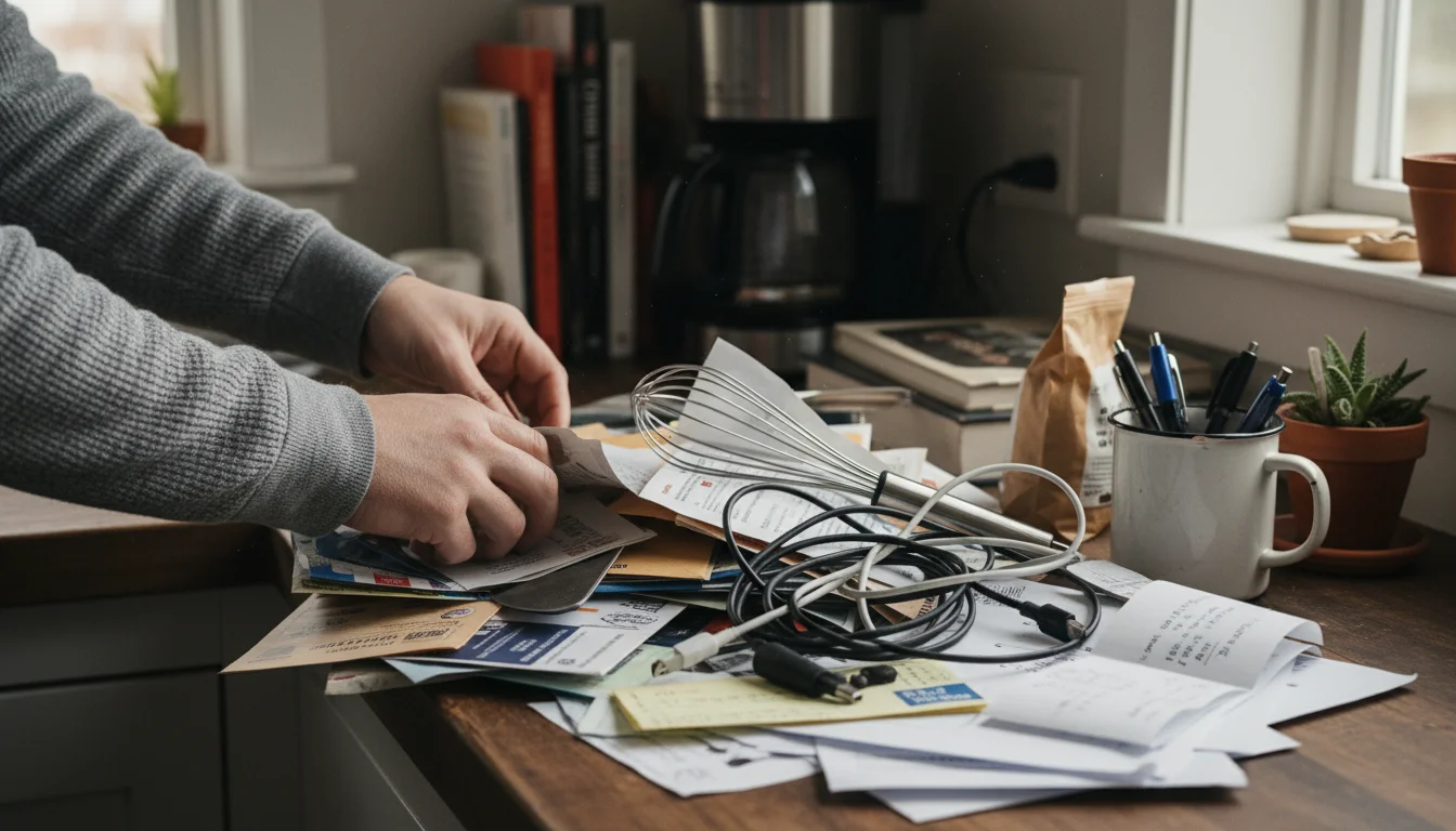 Person's hands sorting through a pile of mixed household items on a counter next to a 'Donate' box, a 'Keep' pile, and a trash can.