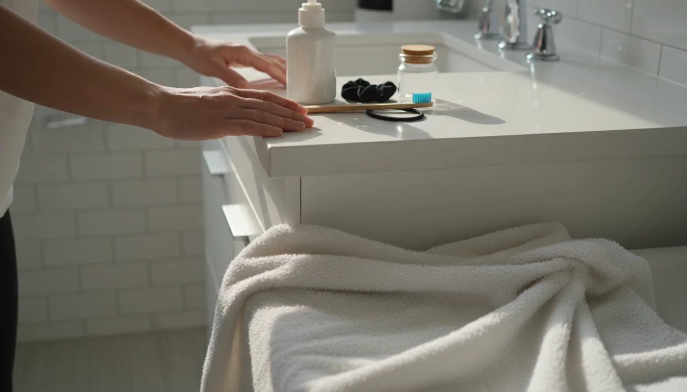 A person's hands sweeping toiletries from a bathroom counter onto a soft white towel on the floor, starting the sorting process.