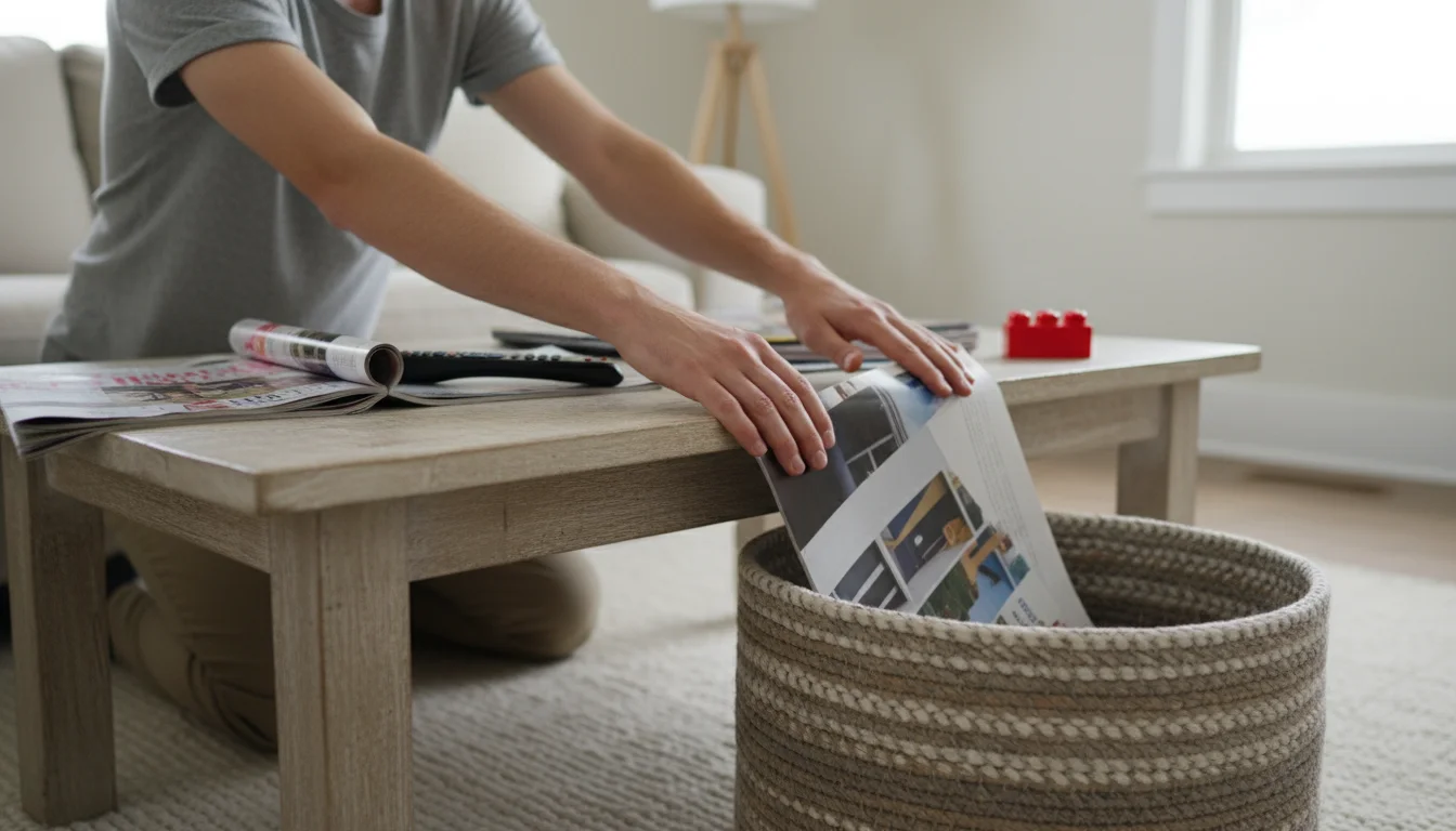 Person's hands swiftly sweeping items like magazines, a remote, and a small toy from a coffee table into a woven laundry basket.