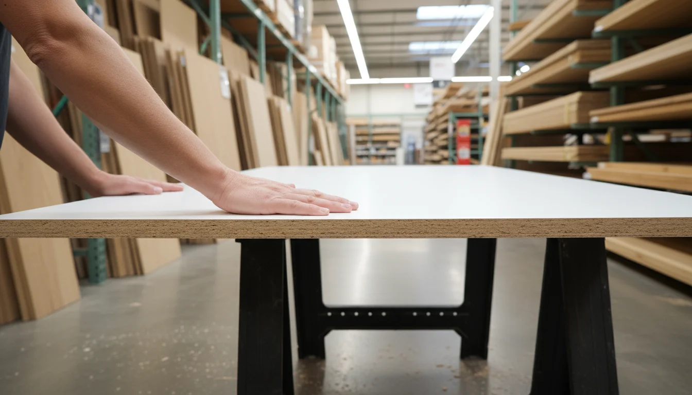 A person's hands touching a white melamine board, with plywood and pine boards stacked in the background.