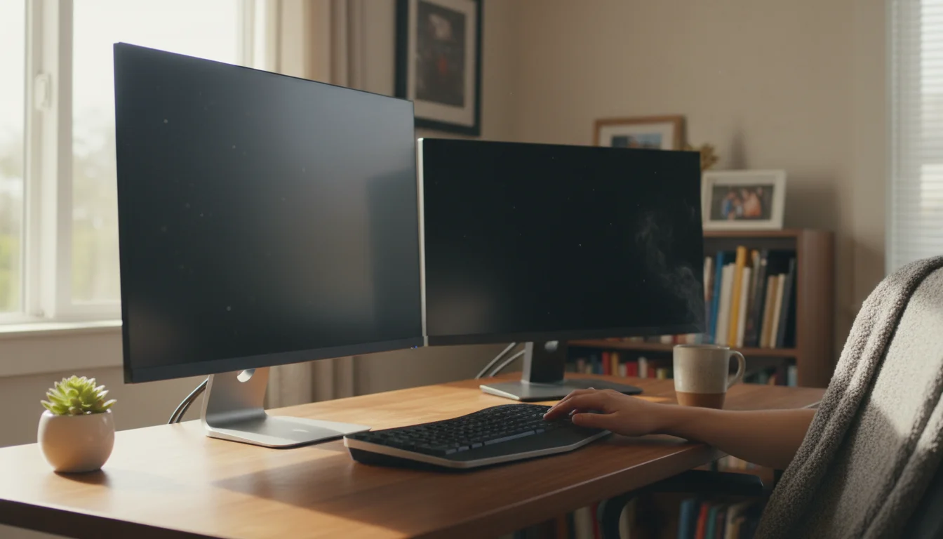 A person's hands type on a keyboard in front of two monitors on a neatly organized, naturally lit home office desk.