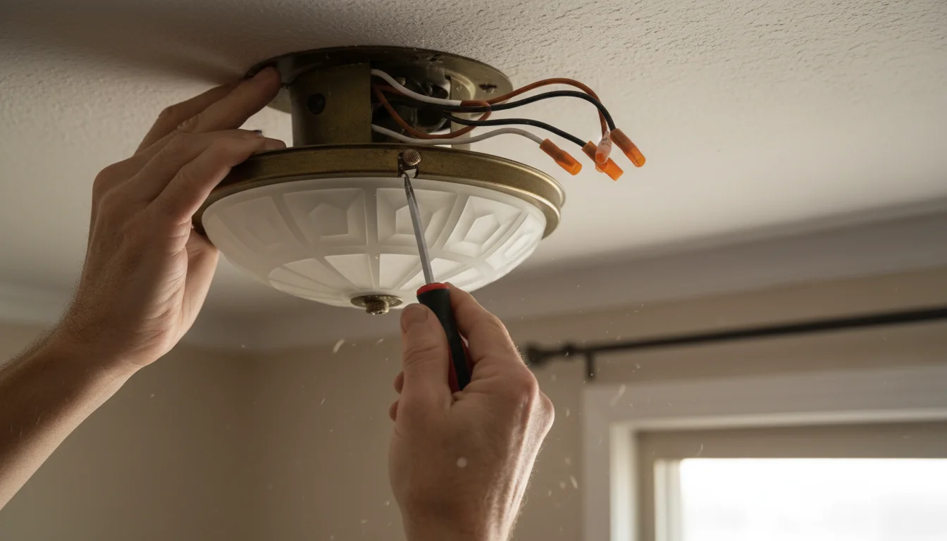 A person's hands unscrewing a decorative nut from an old, round semi-flush mount ceiling light fixture, revealing wires.