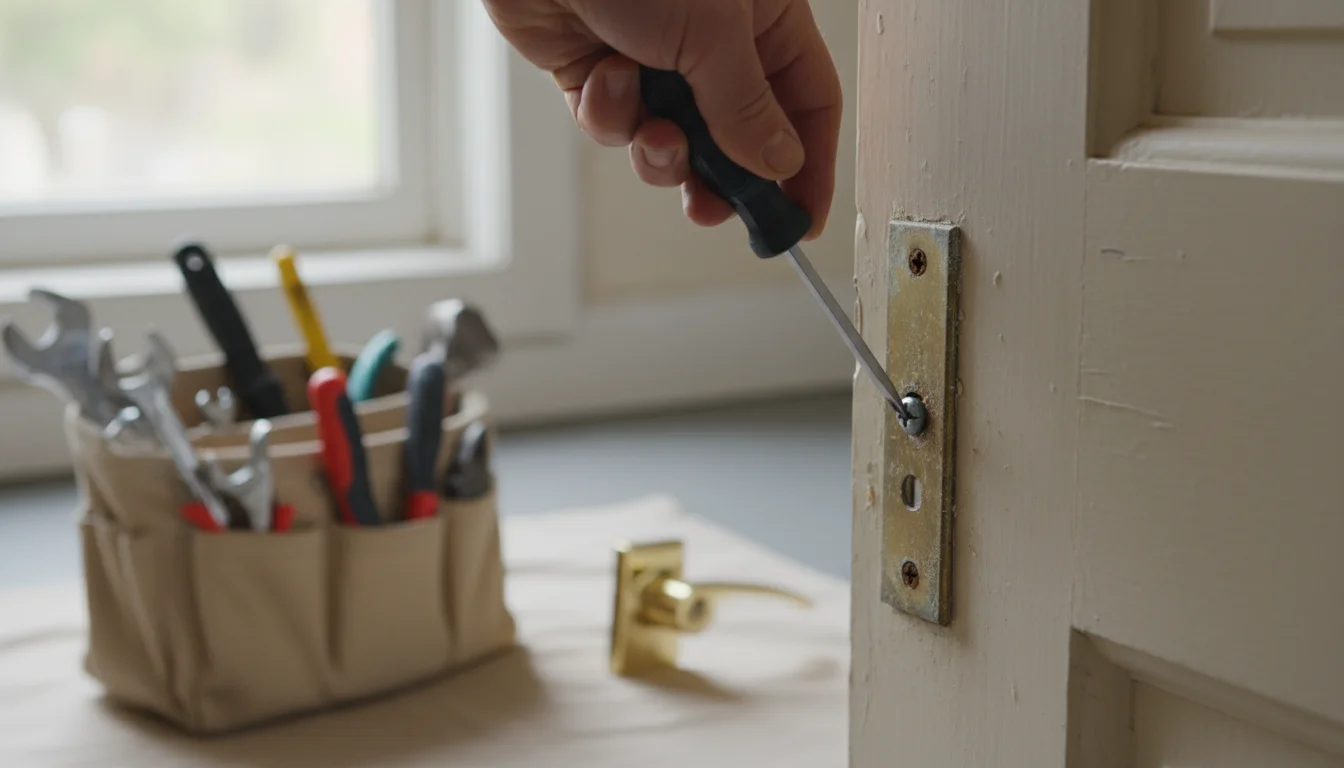 A person's hands use a screwdriver to remove an old handle from a white interior door. Nearby, new hardware waits.