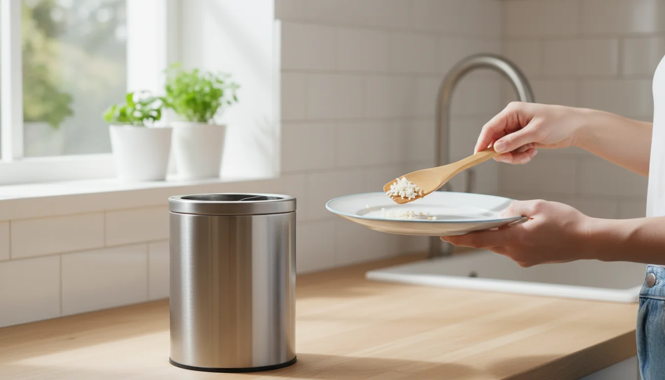 A person's hands use a wooden spatula to scrape leftover food from a white ceramic dinner plate into a small, elegant compost bin on a kitchen counter