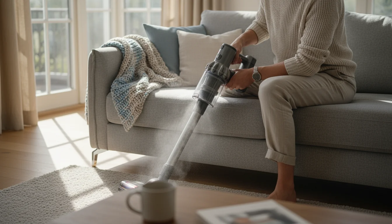 Person's hands vacuuming white baking soda from a light gray fabric sofa in a sunlit living room.
