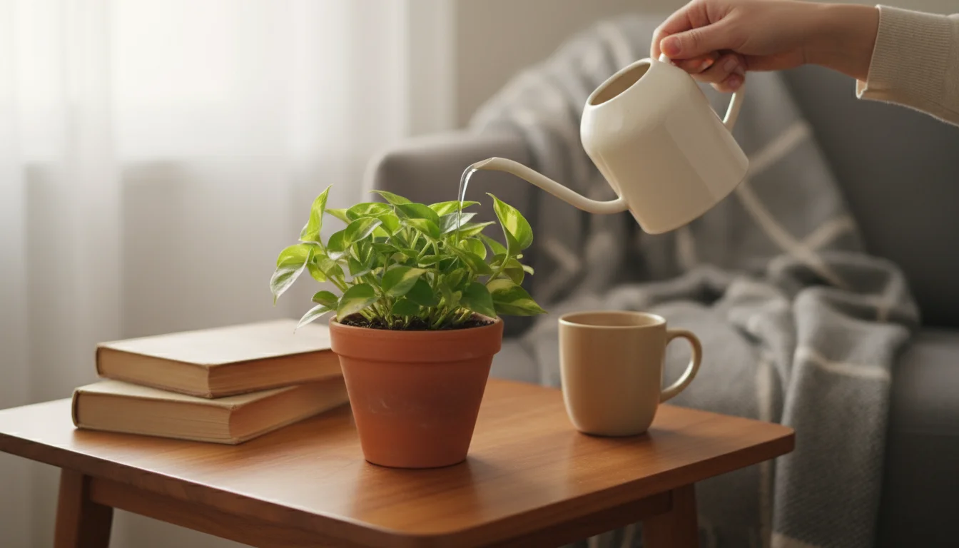 Person's hands gently watering a houseplant on a tidy wooden side table with books and a mug, showcasing a well-maintained, calm space.