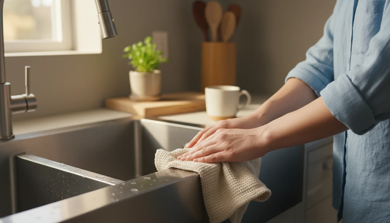 A person's hands wipe a stainless steel kitchen sink with a textured beige cotton cloth. A natural loofah sponge and wooden dish brush dry nearby.