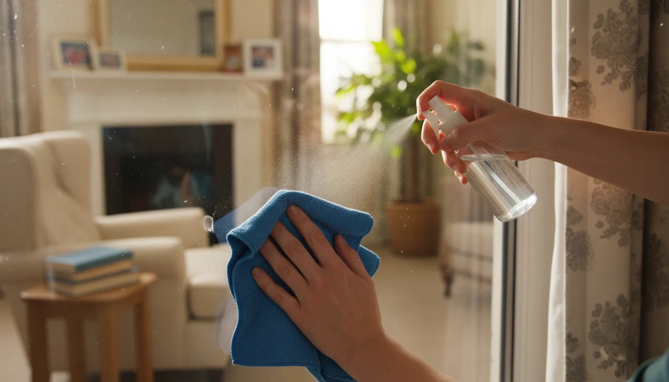 A person's hands wipe a subtle smudge from a sunlit window with a spray bottle and blue microfiber cloth in a cozy living room.