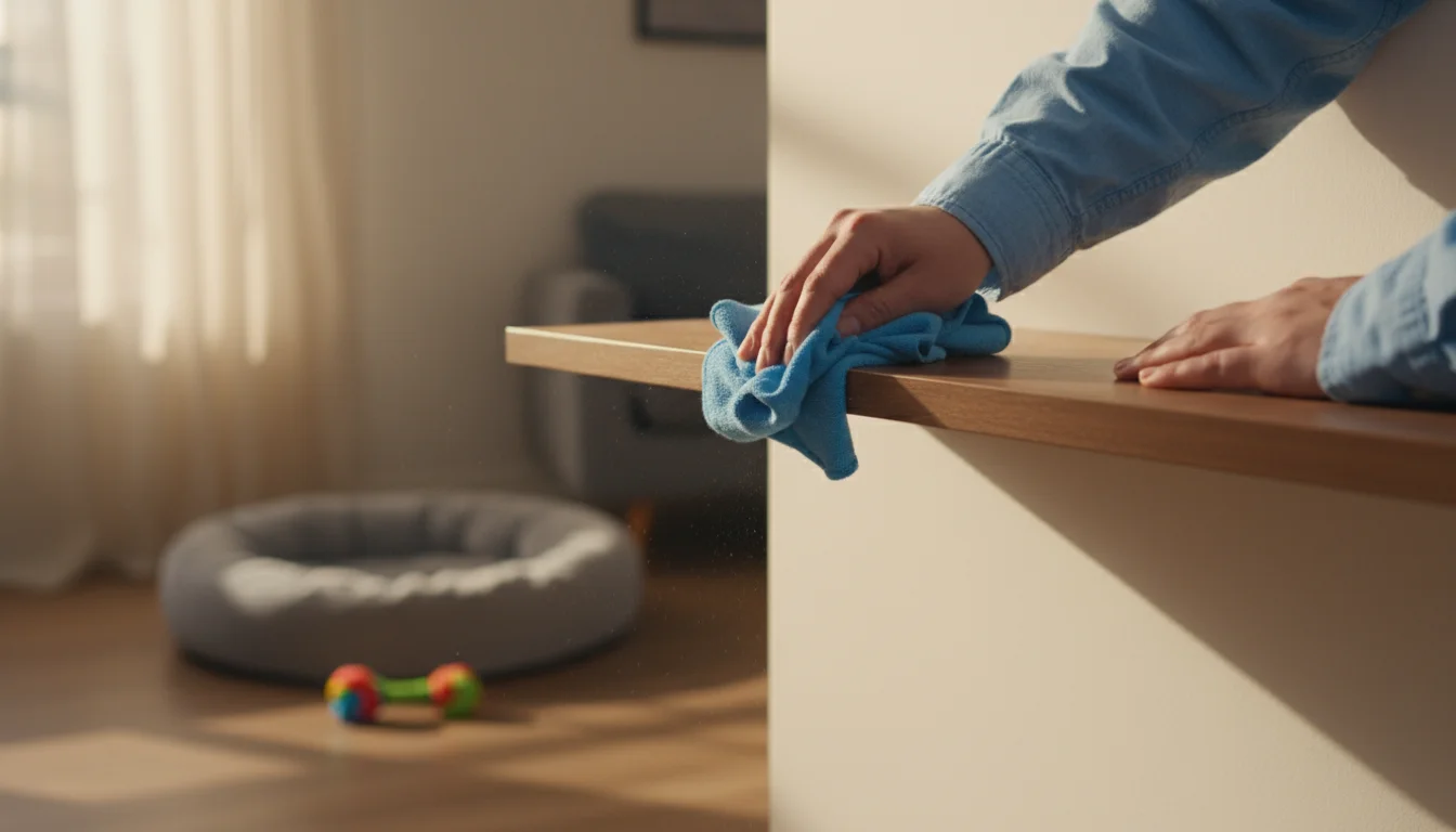 Person's hands wipe a wooden shelf with a blue microfiber cloth, catching dust. Soft light fills a cozy living room.