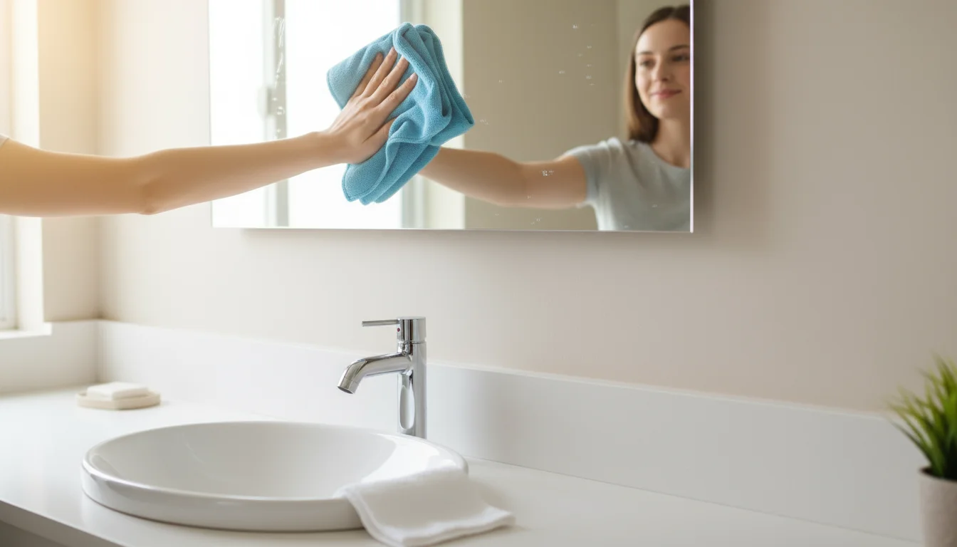A person's hands wiping a sparkling bathroom mirror with a blue microfiber cloth, reflecting a clean white sink and chrome faucet on a vanity.