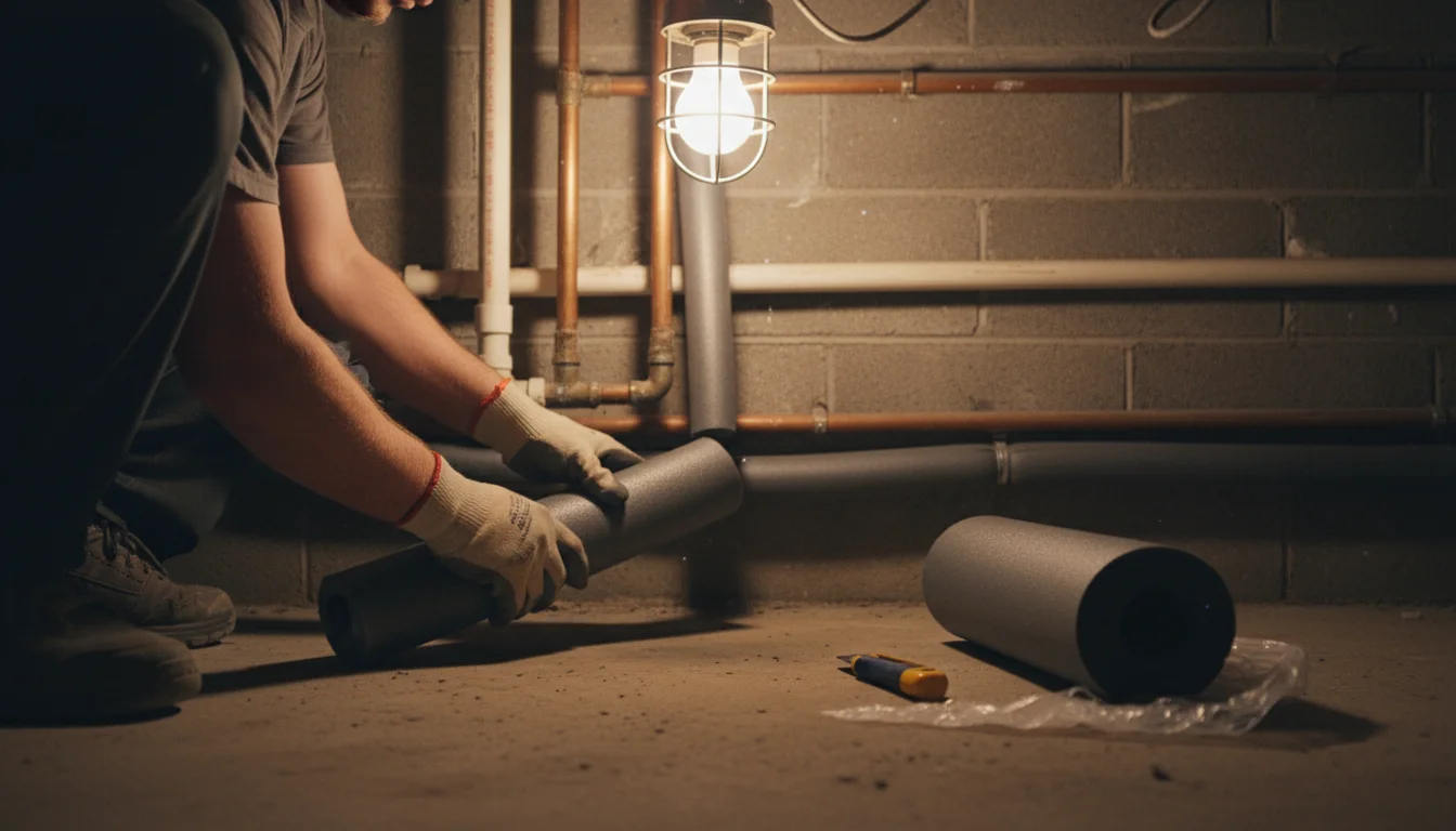 A person's hands carefully wrapping exposed pipes with grey foam insulation in a practical utility space.