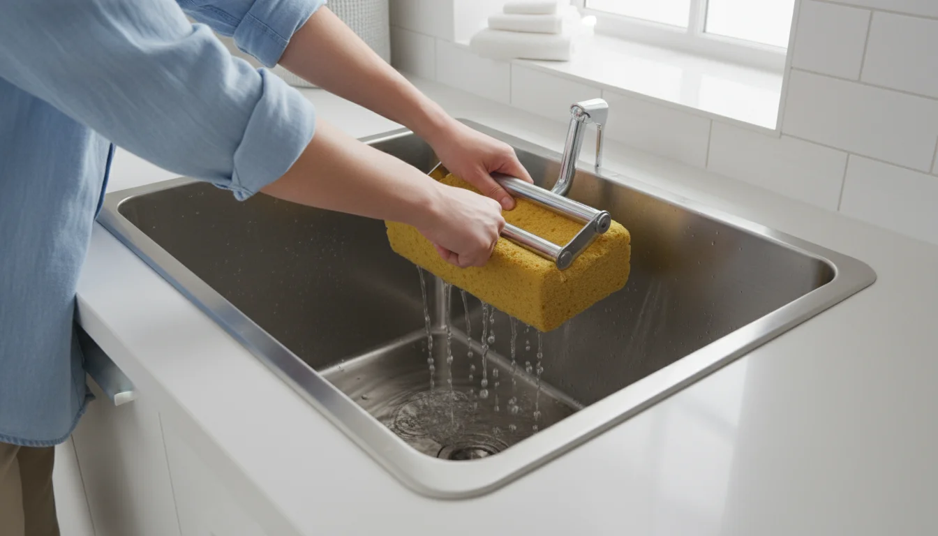 Person's hands wringing out a blue sponge mop over a stainless steel utility sink, with water visibly dripping.