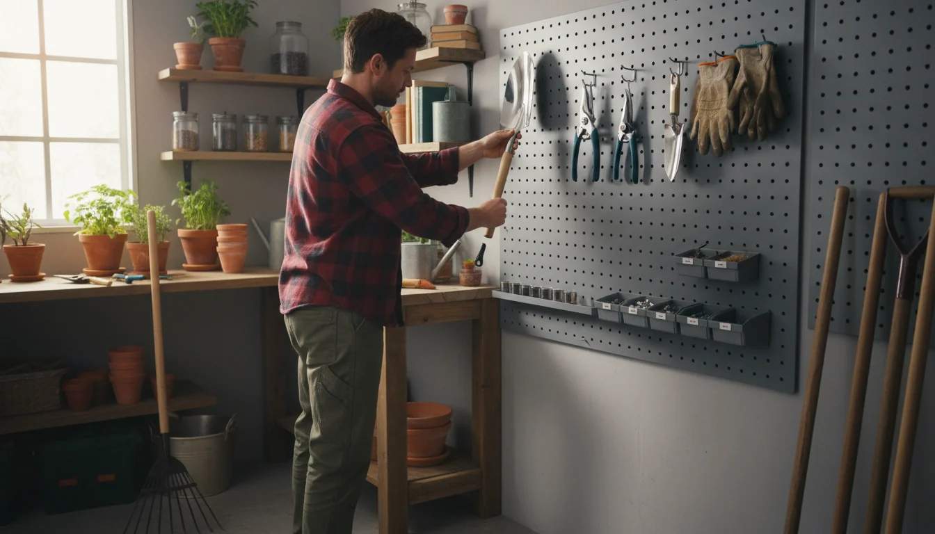Person hanging a clean garden spade on a pegboard in an organized shed, with other neatly stored tools and a partially covered lawnmower.