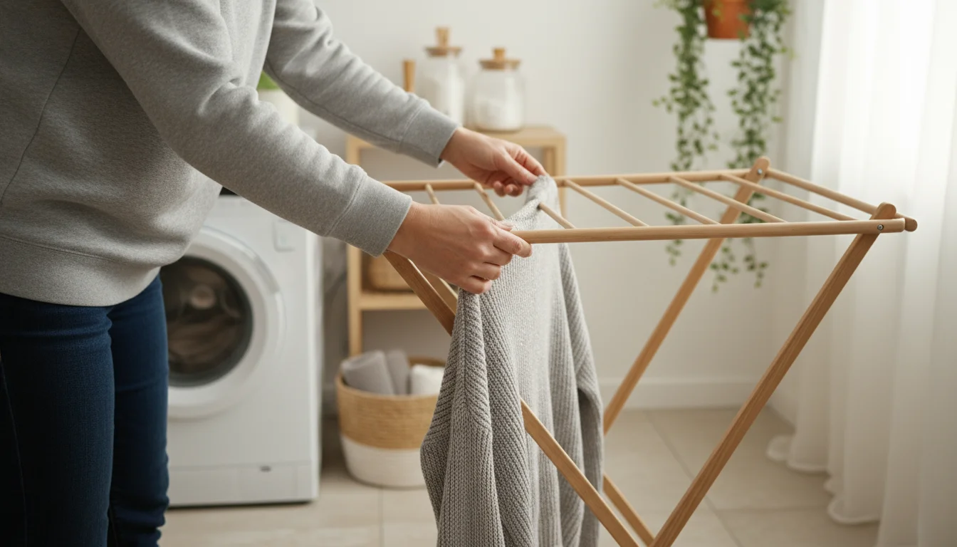 Person gently hanging a light grey sweater on a wooden indoor drying rack, illuminated by natural light in a tidy laundry corner, symbolizing energy-e