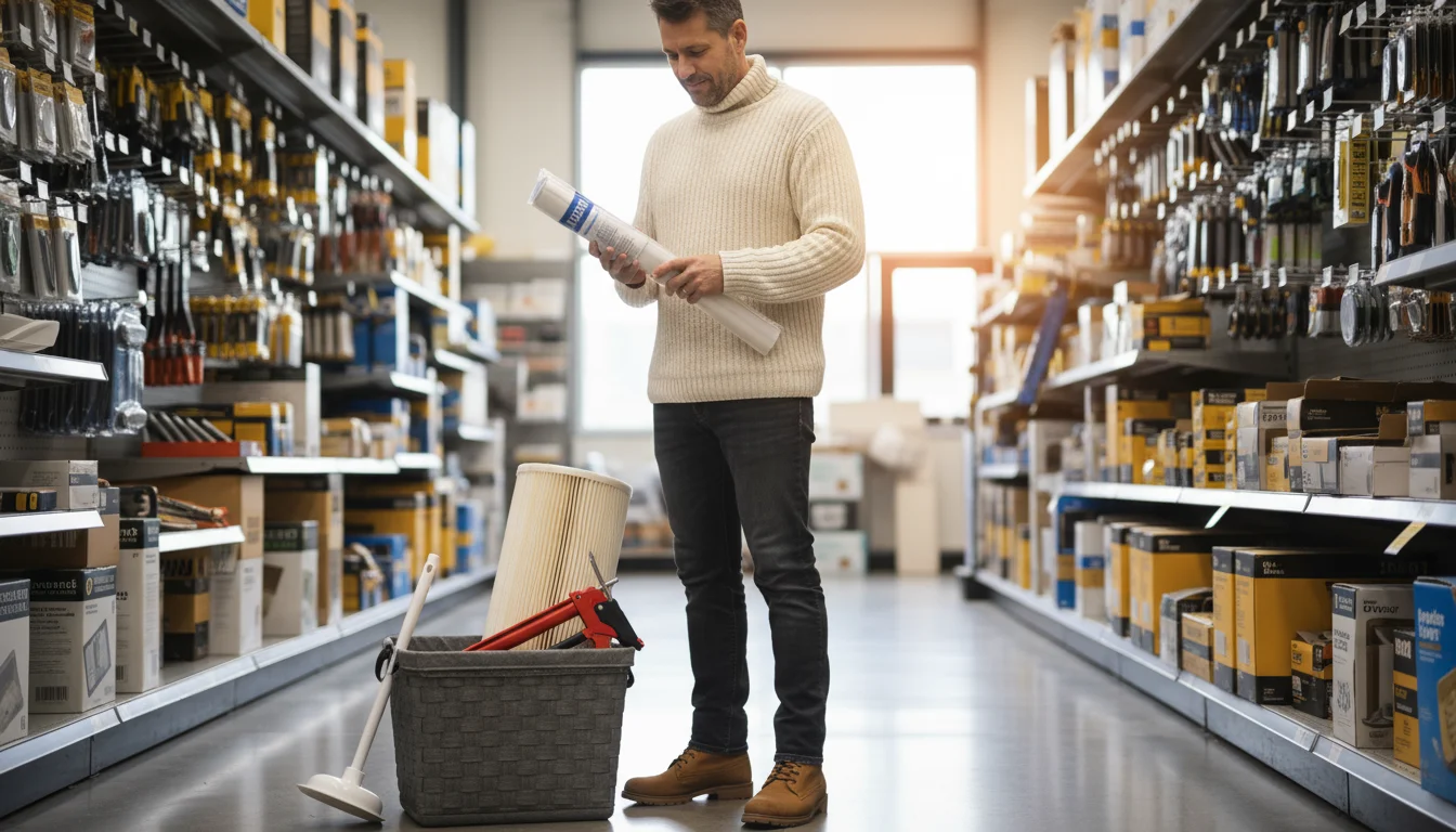 Person in a hardware store aisle holding weatherstripping, with a shopping basket containing a new HVAC filter, caulk gun, and plunger handle.