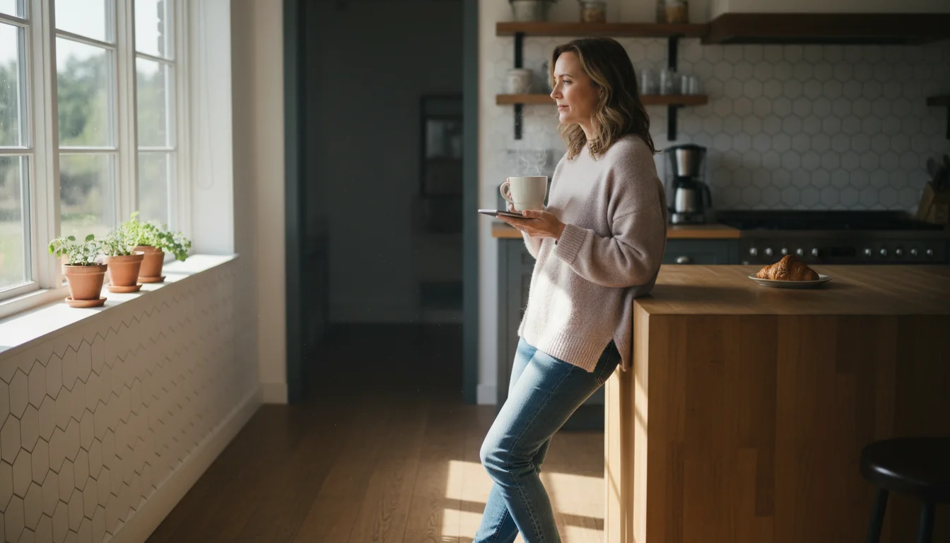 Person holding a coffee mug, looking thoughtfully at an off-camera screen in a cozy kitchen with a tiled backsplash.