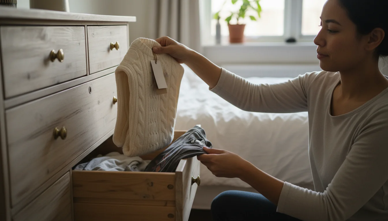 A person holds a new sweater over an open dresser drawer while pulling out an old t-shirt.