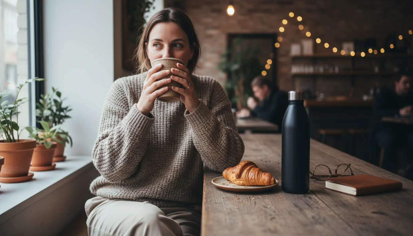 A person holds a reusable coffee cup at a wooden cafe table. An insulated reusable water bottle and pastry are also on the table.
