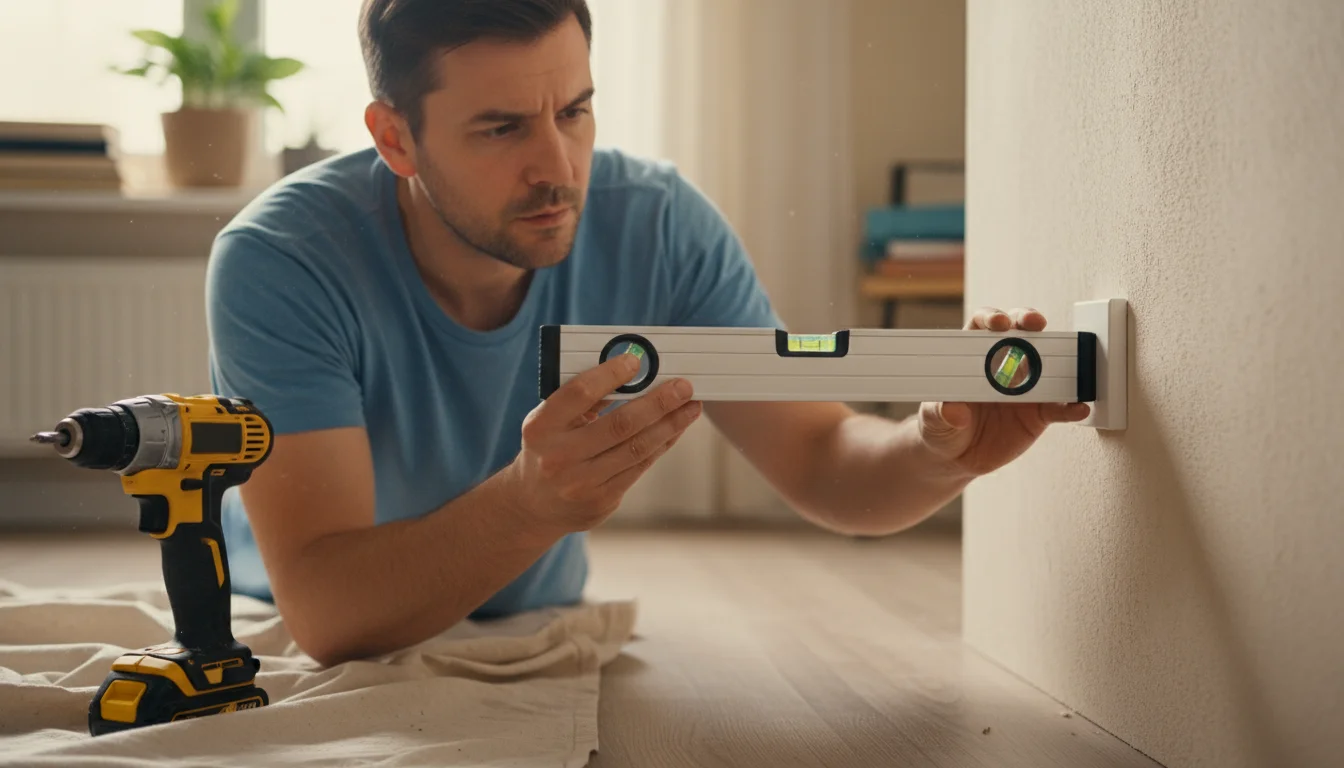 A person holds a spirit level against a white corner shelf bracket mounted on a light wall, checking for levelness before installing a shelf.