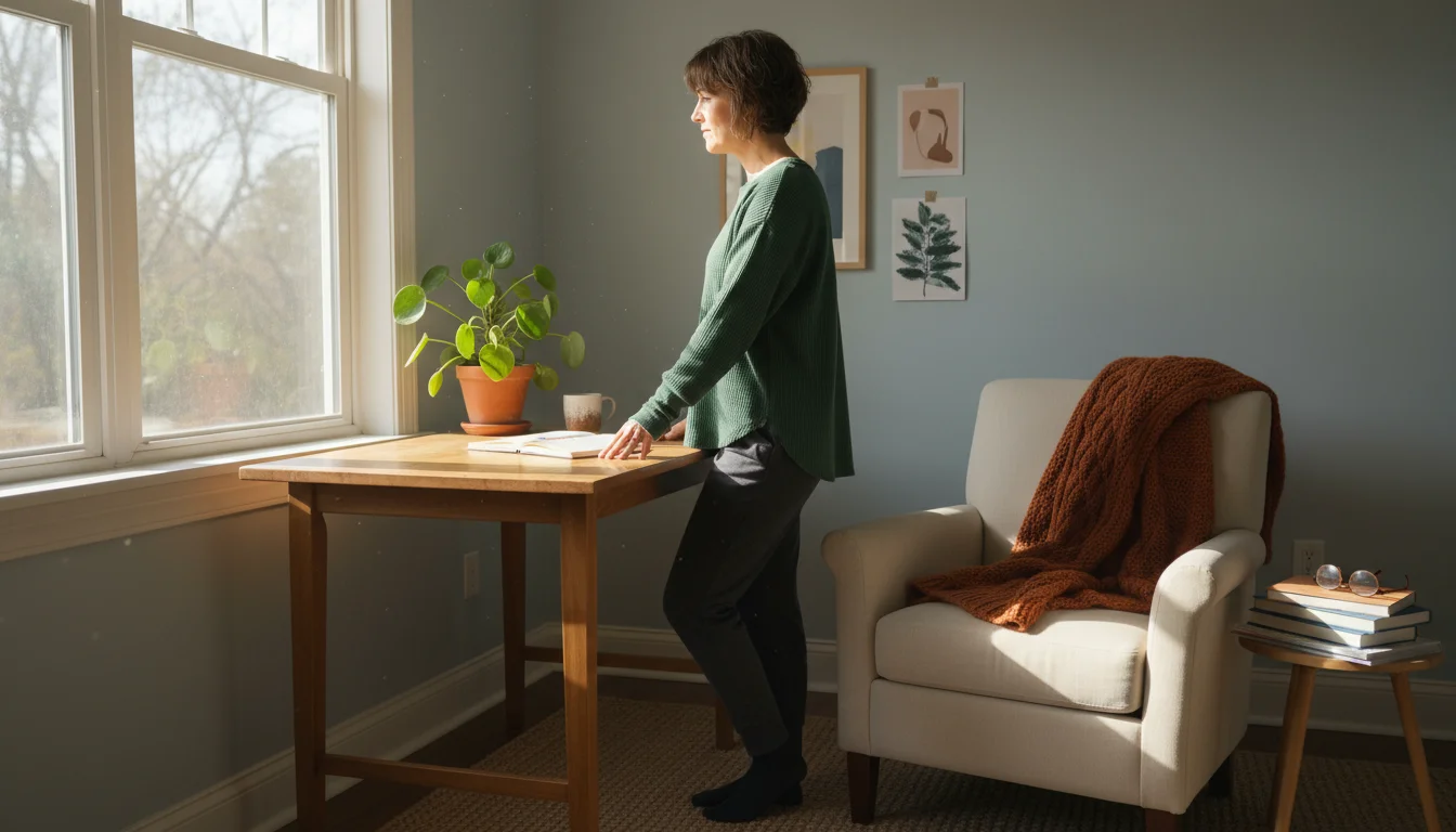 Person in a home office gently twisting their torso while standing, looking towards a bright window during a work break.