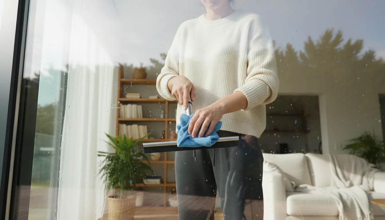 Person inside a home wiping a squeegee blade clean with a microfiber cloth, seen through a very clear window from outside.
