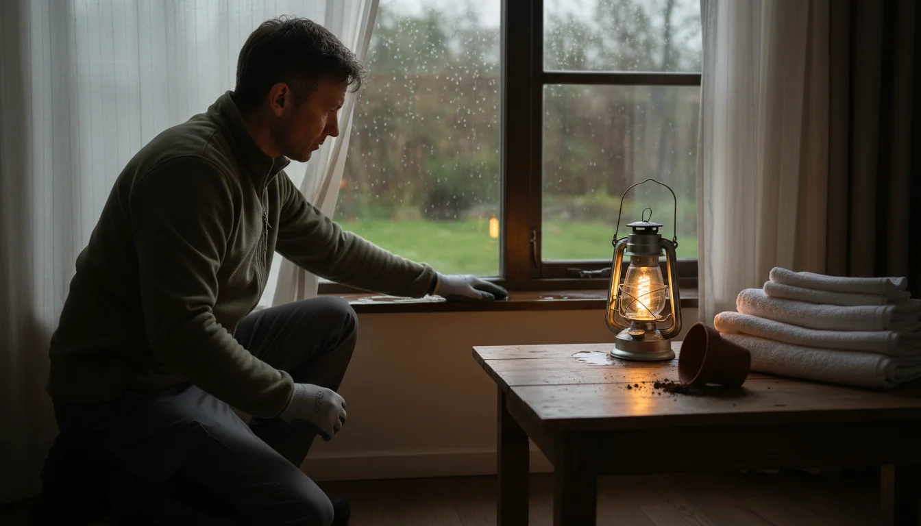 A person carefully inspects a damp windowsill in a dim room after a storm, with a battery lantern on a nearby table.