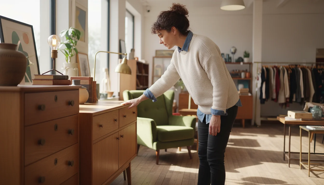 A person inspects a vintage wooden dresser in a clean consignment store, showcasing the thoughtful process of finding quality secondhand furniture.