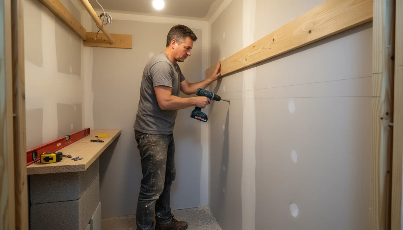Person installing a wooden cleat with a drill in an unfinished closet. Unfinished wood, tools, and pencil marks are visible.