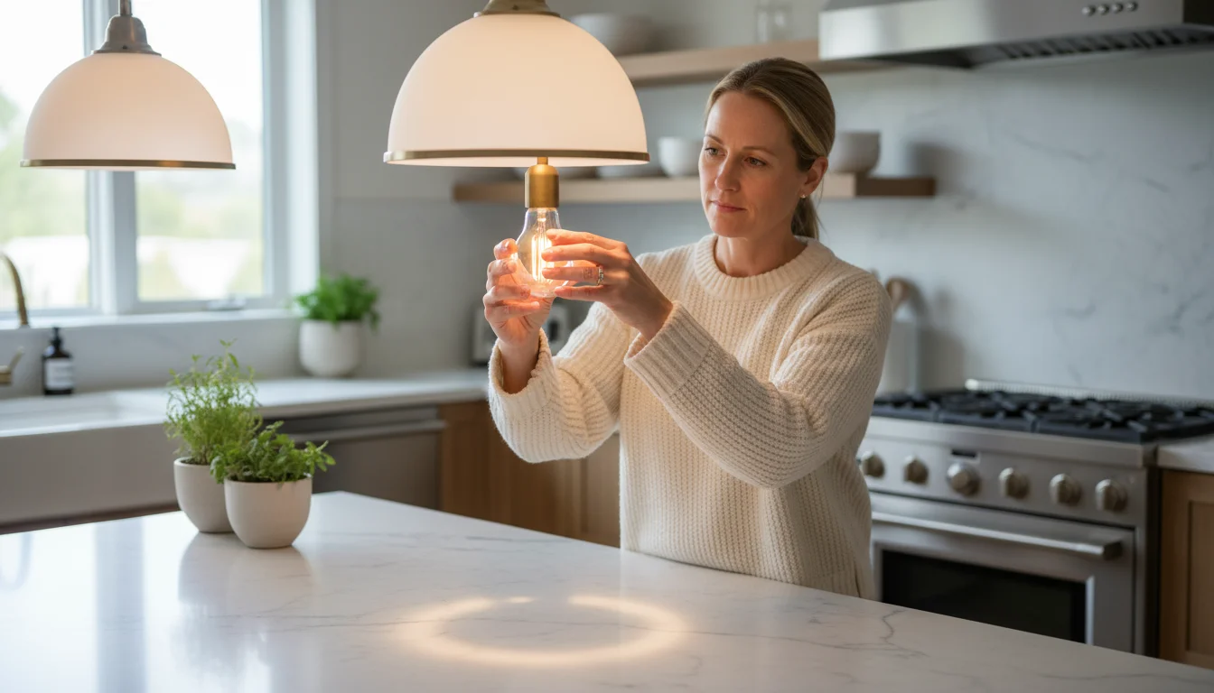 A person installs a warm LED bulb into a modern pendant light over a kitchen island, in a bright, organized kitchen.