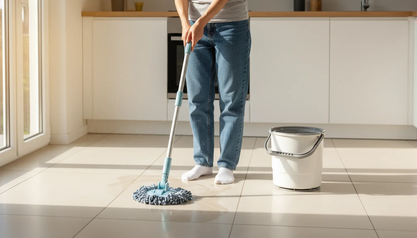 A person in jeans uses a damp microfiber spin mop on a light-colored kitchen tile floor. The matching spin mop bucket is visible nearby.